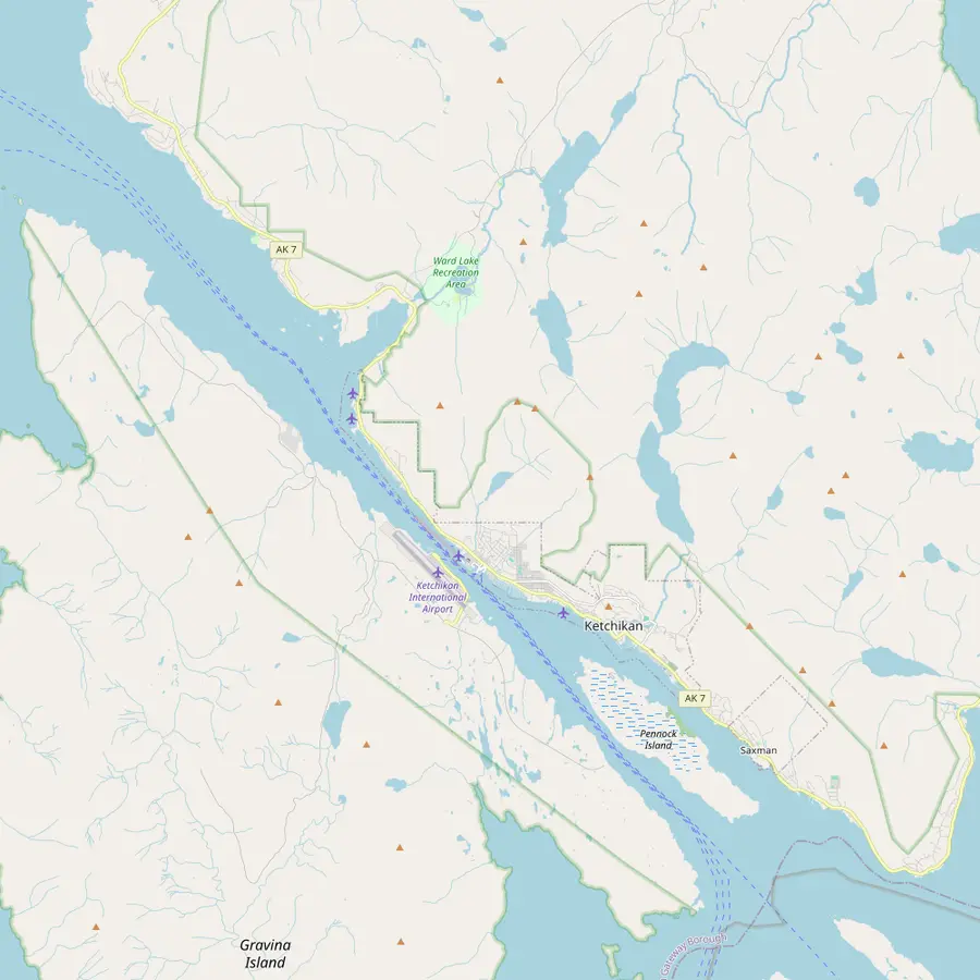 Map of Revillagigedo Island around Ketchikan with the downtown berths and Ward Cove to the north