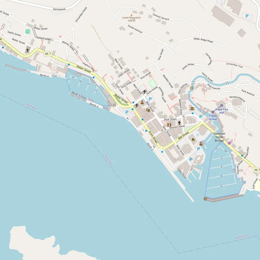 Map of downtown Ketchikan with the cruise berths, Whale Park, Creek Street, the salmon ladder, Thomas Basin and the Tongass Narrows